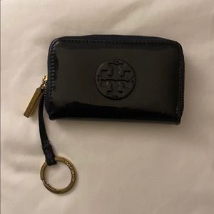 Tory Burch navy patent leather coin pouch key ring